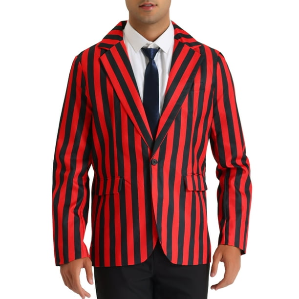 INSPIRAR CHIC Traje de Hombre a Rayas de Un Solo Botón Ajustado Casual Blazer Vertical Rayas S Rojo Negro