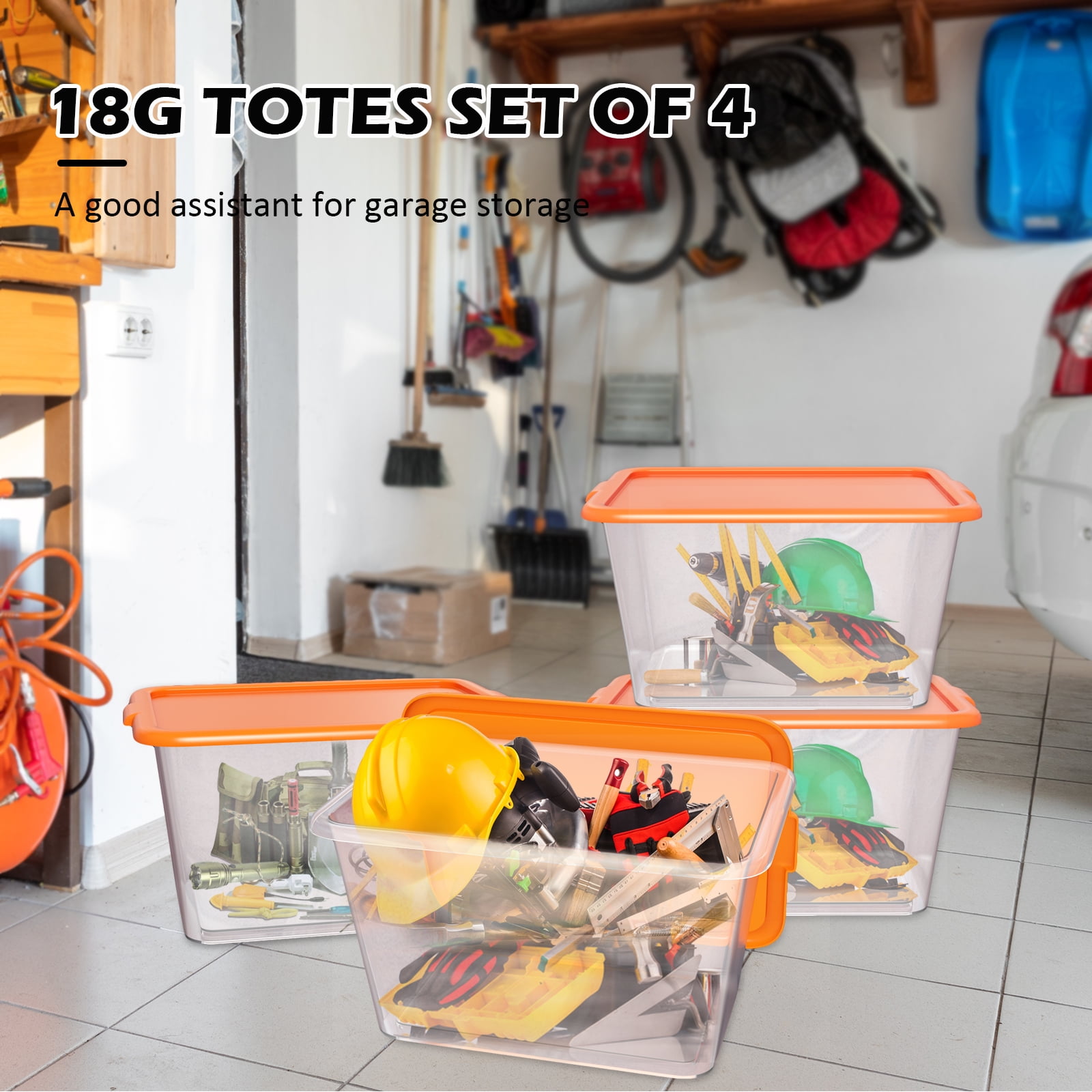 4-Pack 58-Quart Plastic Storage Bins with Lids, See-Through Plastic Totes, A, Stackable Totes, 14.5-Gallon (58-Quart) - Orange&Clear