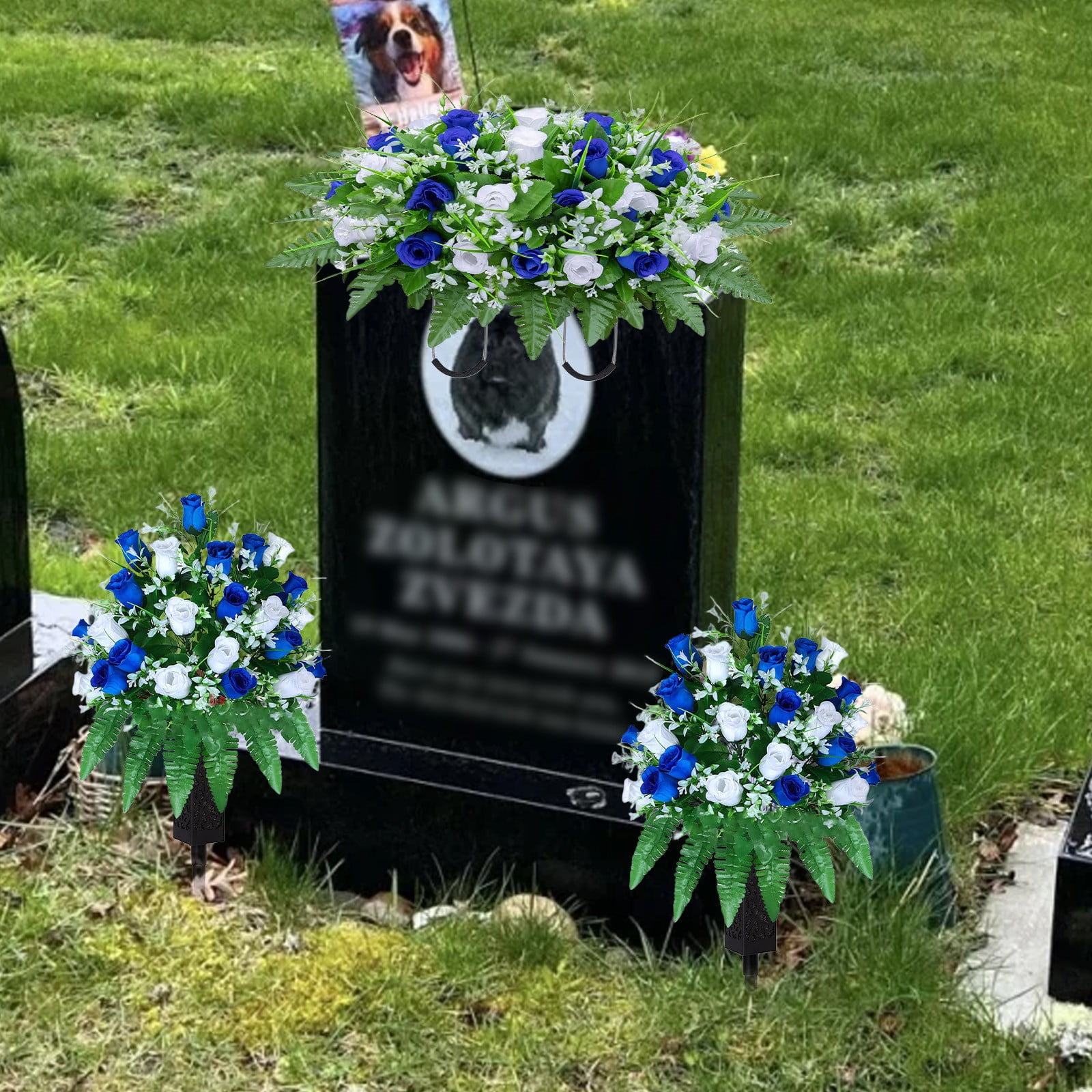 Cemetery Flowers for Grave Vase Everlasting Memorial: 16-Rose Cemetery Flower Bouquet with Long Nail Vases, All-Weather Artificial Flowers for Outdoor & Home Adornment Cemetery Flowers for Gravesite