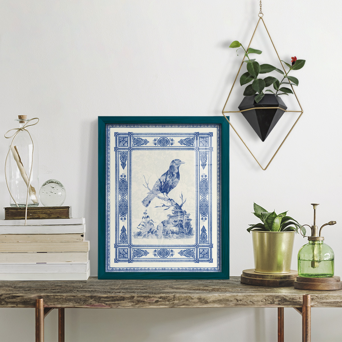 Toile de Jouy I -Framed Print w/glass-Ocean Blue
