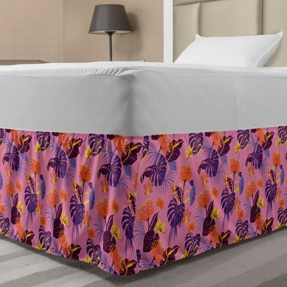 Tropical Bed Skirt, Summer Feel Monstera Banana Leaves Exotic Rhythmic Floral Illustration, Elastic Bedskirt Dust Ruffle Wrap Around for Bedding Decor, 4 Sizes, Pastel Pink Multicolor, by Ambesonne