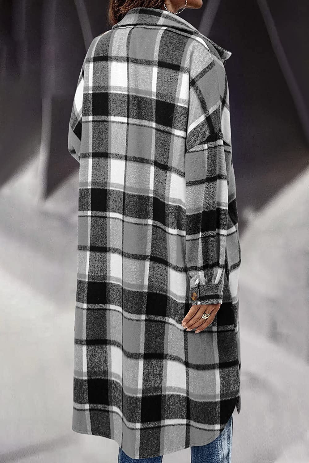 Women's Long Flannel Plaid Jacket Shacket Cozy Lapel Button