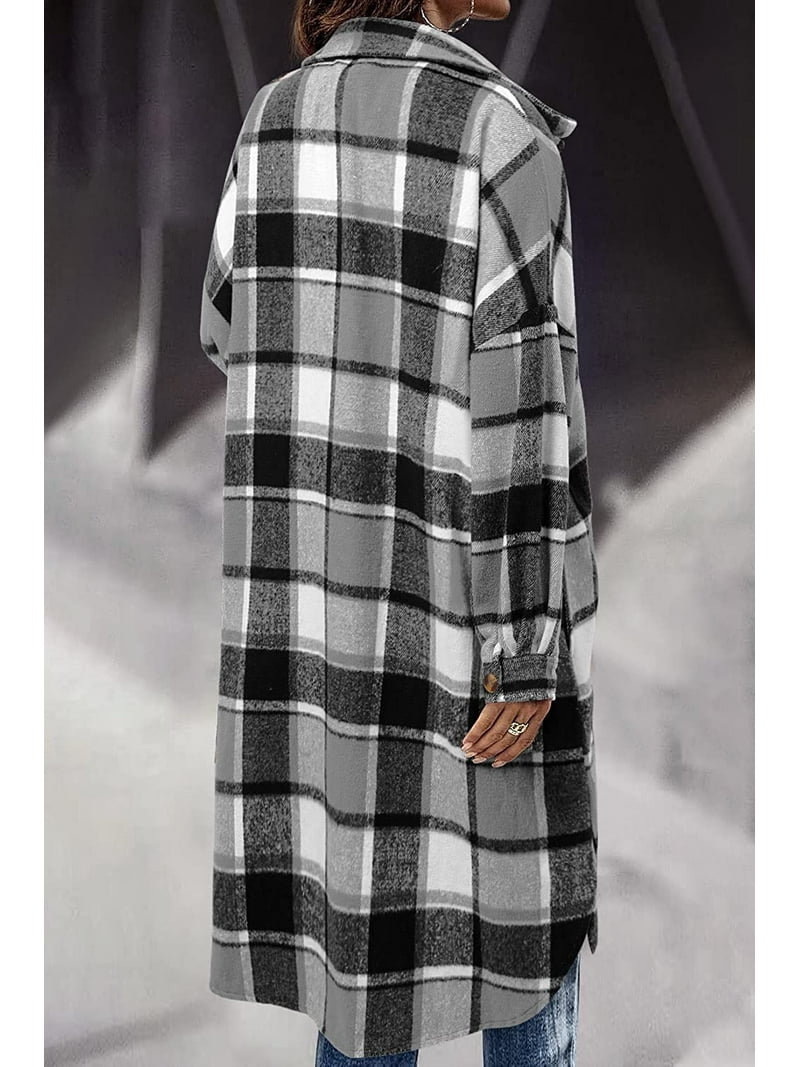 ジャケット・アウター Tartan Check Long Shirt Jacket Women's Long Flannel Plaid Jacket Shacket Cozy Lapel Button