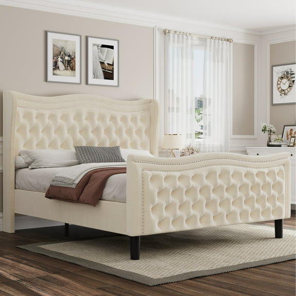 Miniyam Velvet Full Size Bed with Button-Tufted Wingback Headboard for Adult, Beige