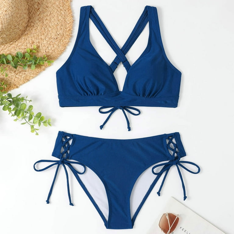 dianhelloya Bikini Sets For Women 2Pcs/Set Wide Shoulder Straps V-neck  Bikini Set Solid Color Bra High Waist Briefs Swimsuit Beachwear