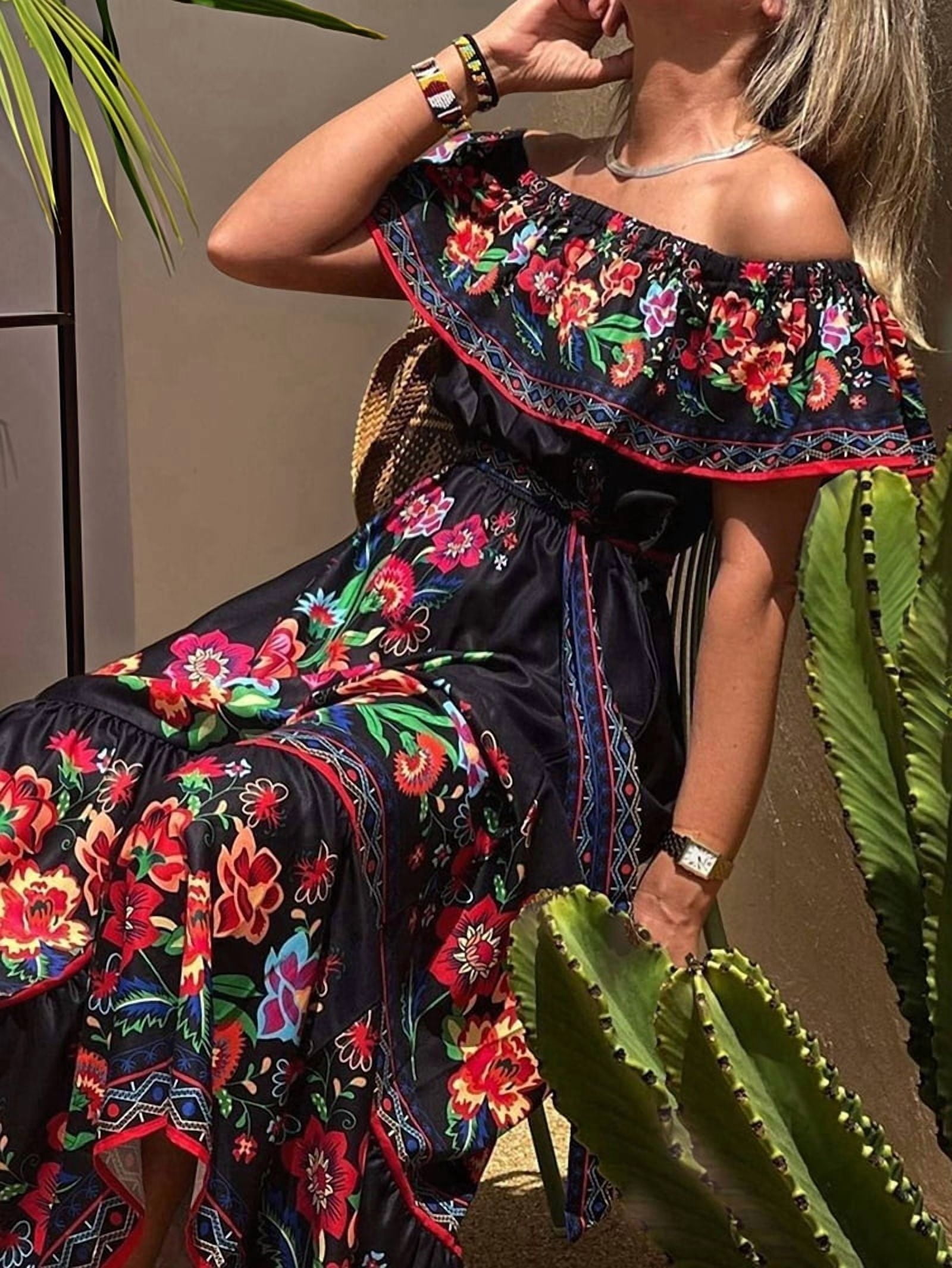 Women'S Mexican Dress Summer Floral Print Off the Shoulder Sleeveless Beach Long Maxi Dress Black & Red L