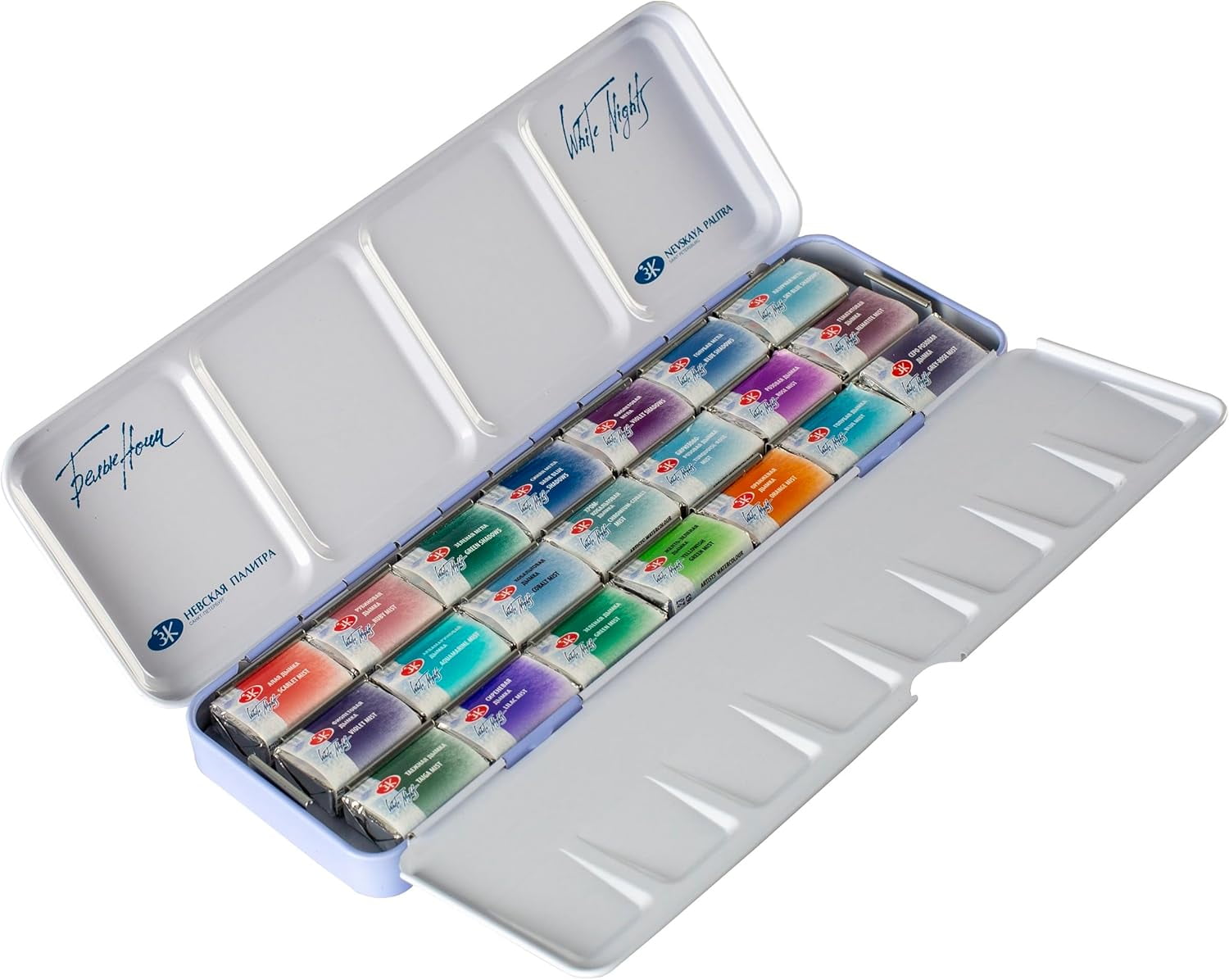 White Nights Professional Watercolor Set 21 Full Pans (2.5ml), Granulating Extra-Fine Artist-Grade Pigments, Vibrant & Lightfast Colors, Durable Metal Case with Mixing Trays by Nevskaya Palitra