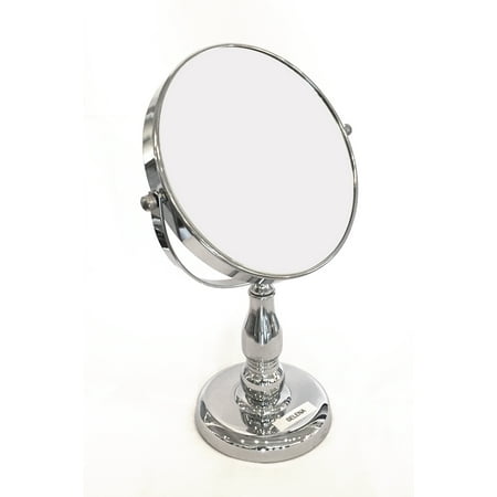 Round Double Sided Mirror - Splash Home Selena Round Makeup Double Sided Magnifying Standing Mirror, Diameter 7 In, Chrome Silver