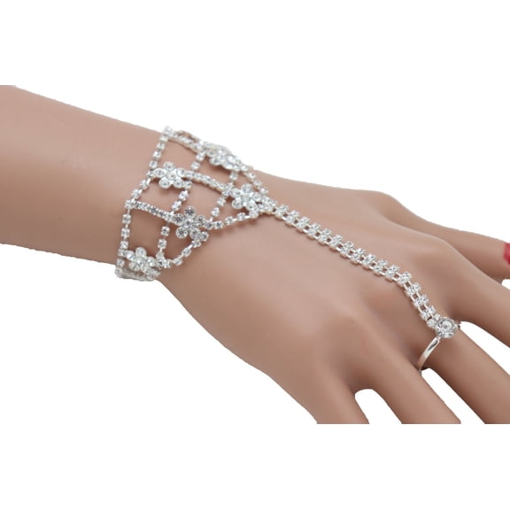 Women Silver Metal Hand Chain Bracelet Flower Charm Elastic Ring Jewelry