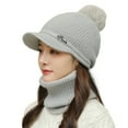 thumbnail image 1 of 2 Pcs/Set Hat Scarf Set Knitted Plush Ball Decor Solid Color Knitted Elastic Soft Thermal Windproof Wide Brim Baseball Hat Neck Wrap Neck Warmer Cap Set, 1 of 10