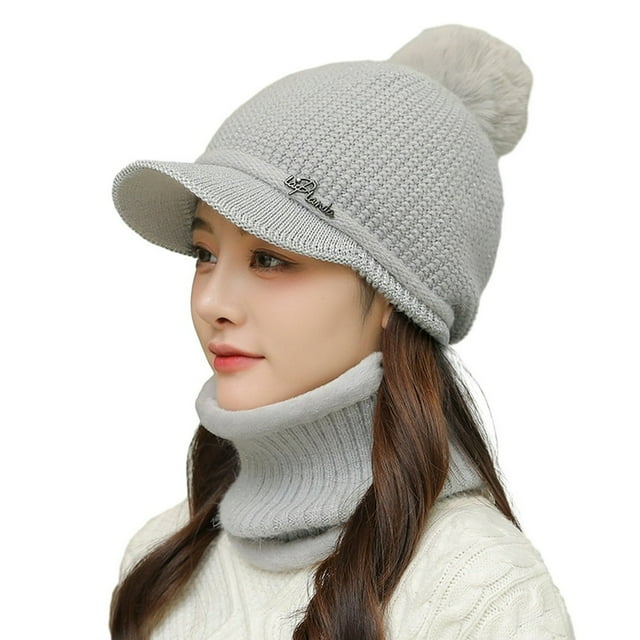2 Pcs/Set Hat Scarf Set Knitted Plush Ball Decor Solid Color Knitted Elastic Soft Thermal Windproof Wide Brim Baseball Hat Neck Wrap Neck Warmer Cap Set