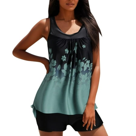 Tankini Swimsuits For Women Tummy Control Two Piece Floral Printed Tank Top With Boyshorts Suits Full Coverage Swim Suits For Women 2025 Swimwear Green M