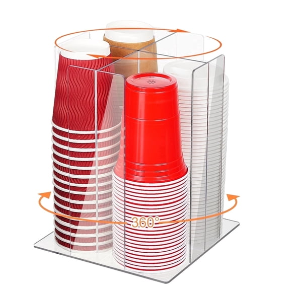 IWNTWY Rotating Cup Dispenser, Acrylic Cup and Lid Holder with 4 Compartments for Countertop Restaurant Breakroom Coffee Bar