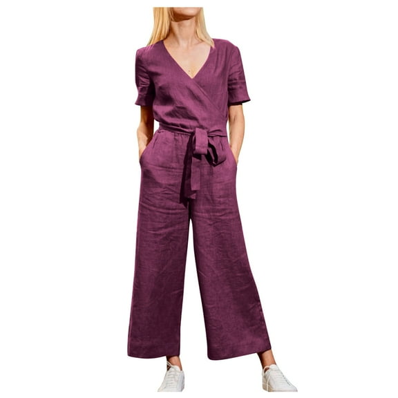 oieyuz Jumpsuits for Women Cotton Linen Short V-Neck Adjustable Belt Waisted Romper with Pocket
