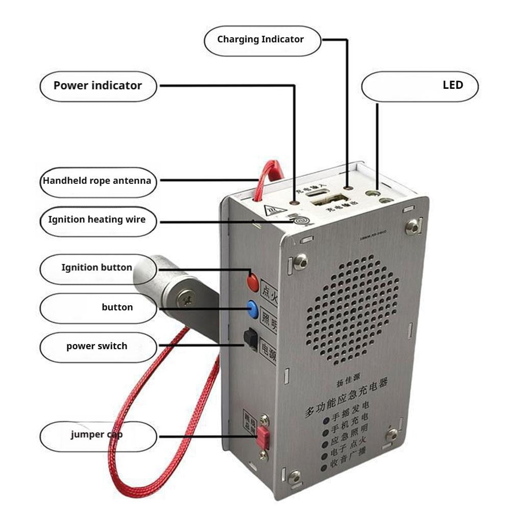 Hand Crank Generator – Portable Emergency Power Bank with Flashlight, FM Radio & Windproof Plasma Lighter, Aluminum Alloy Charger for Camping & Hiking