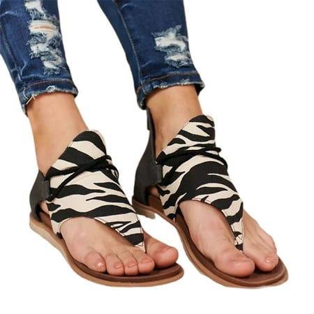 

huanledash 1 Pair Back Zipper Flats Heel Open Toe Beach Sandals Leopard Patchwork Clip-Toe Women Shoes Walking Shoes