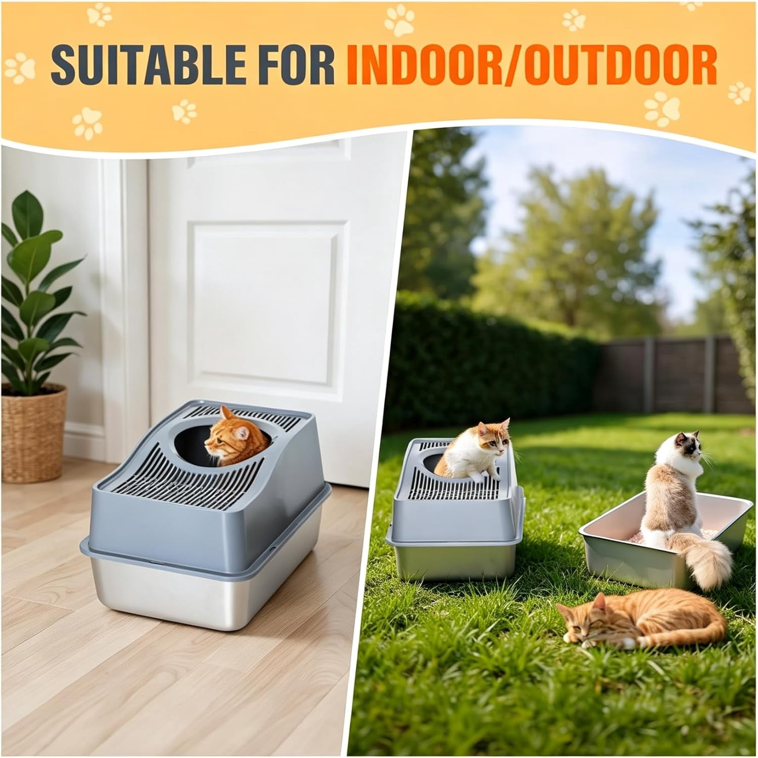 Kettnjoy Top Entry Cat Litter Box with Lid, Stainless Steel XL Enclosed Cat Kitty Litterbox, Extra Large Metal High Side Litter Pan Tray Box Enclosure Easy Cleaning Anti-Leakage, Gray