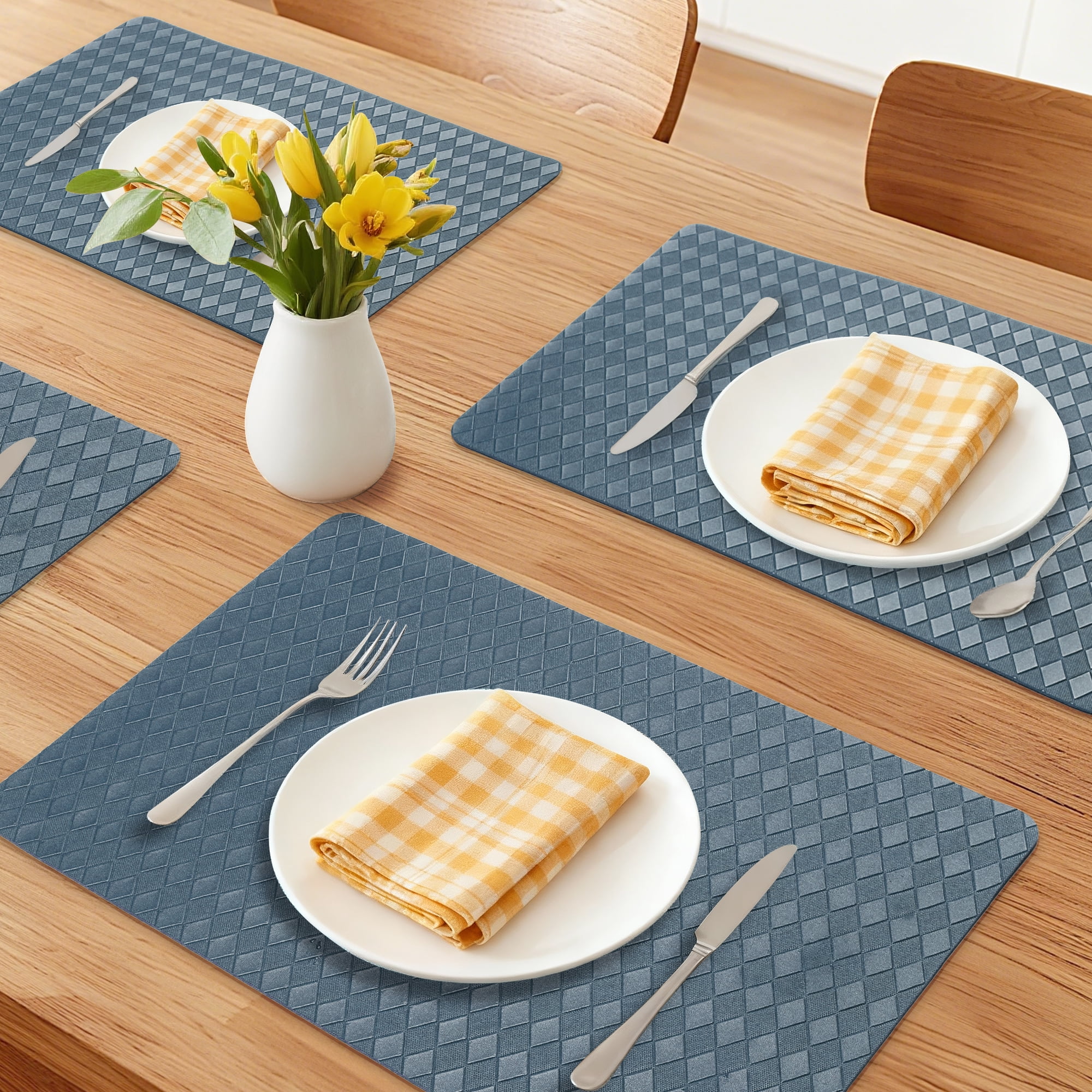 Unique Bargains Set of 6 Leather Placemats for Kitchen Dining Table Dark Blue