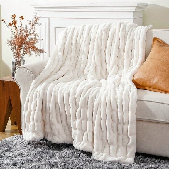 Battilo Ivory Faux Fur Throw Blanket,Soft Cozy White Reversible Rabbit Fur Blanket,50"x60"