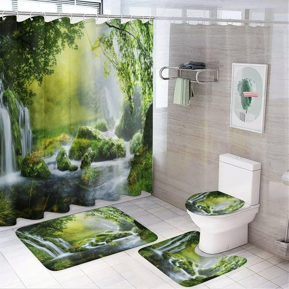 Fantasy Forest Waterfall Shower Curtain set 4 Piece,Watercolor Oil Painting Woodland Mountain Floral Waterfall Bathroom Decor Sets with Rugs Include Waterproof Non-Slip Toilet Lid Cover Bath Mat