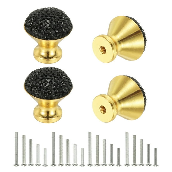 Uxcell Drawer Knobs,4Pcs 1.1 Inch (28mm)Diameter Bling Diamond Decoration Cabinet Knob, Round Rhinestones Pull Handle with Screws for Home, Office, Kitchen (Gold Base   Black Diamonds)