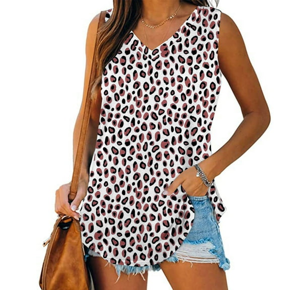 Womens Tank Tops Plus Size under $5 Sleeveless V-neck Print T-shirt Casual Loose Tank Hot Pink M