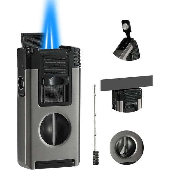 All in One Jet Flame Butane Torch Lighter Built-in Cutter V Cut, Punch, Holder Function, Draw Enhancer Tool, Refillable and Adjustable Windproof Gas Lighter, Black (Sold Without Gas) ﻿