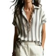 thumbnail image 4 of Endives Boho Tops For Women Striped Short Sleeve Shirt V Neck Loose Fit Blouses Collared Business Casual Outfits for Women Going Out Top Summer Trendy Grey S, 4 of 5