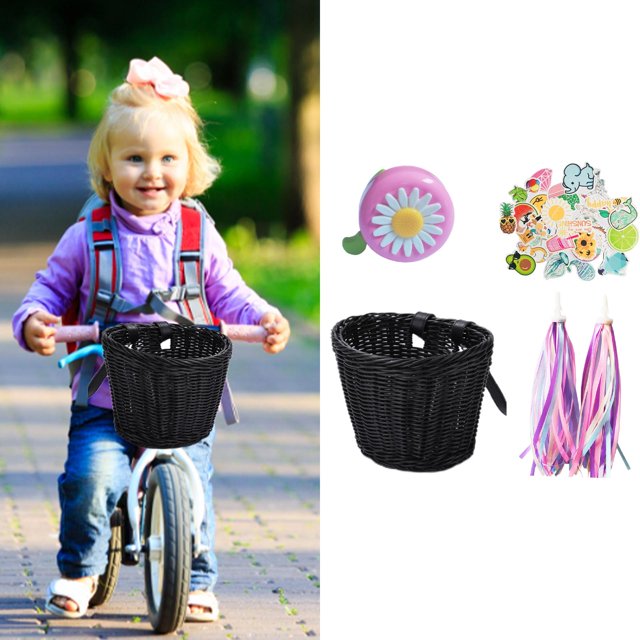 Cesta de bicicleta con manillar delantero de borla de color con pegatinas con decoración de campana Bolsa de transporte Mimbre tejido a mano ajustable Negro Macarena Cesta para bicicleta