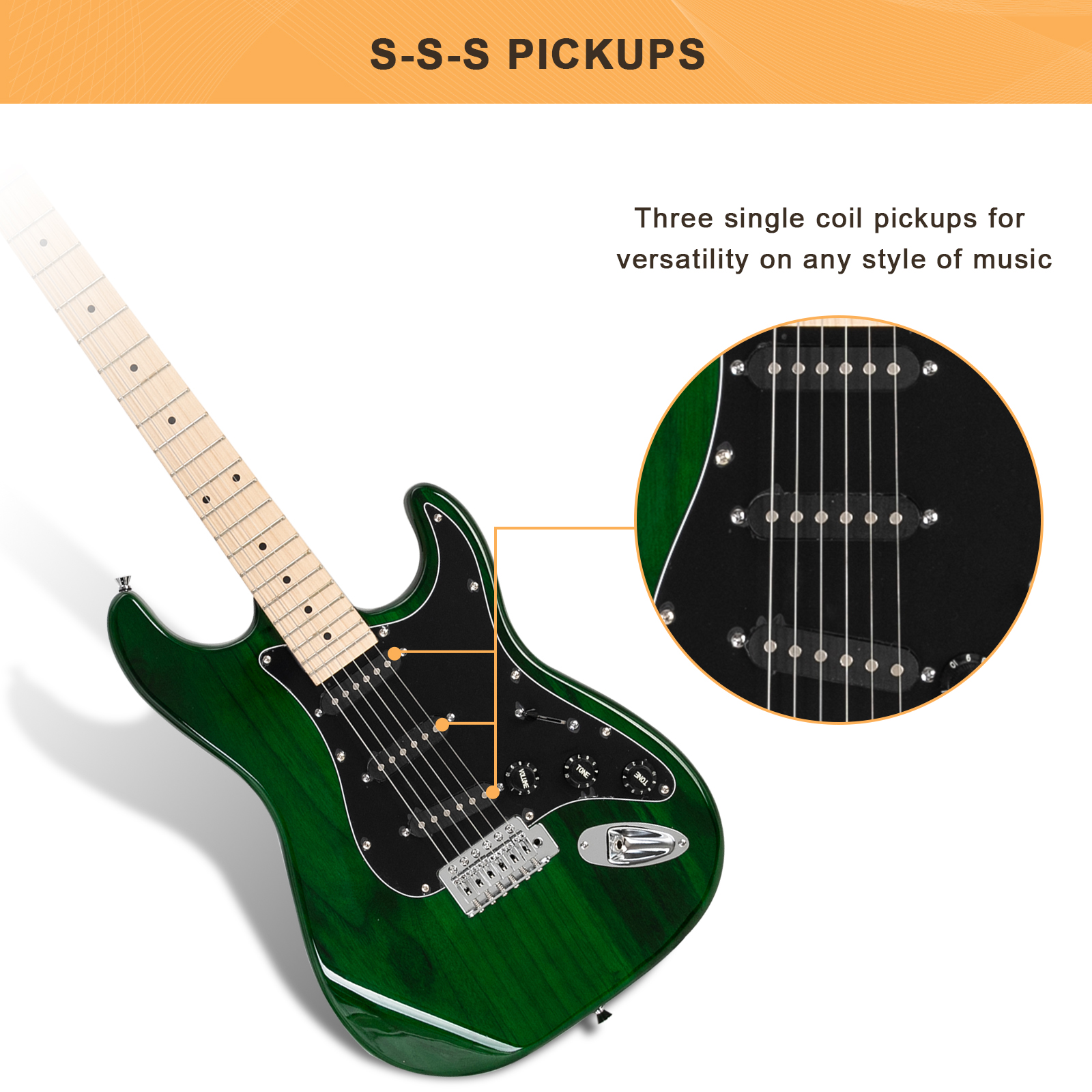 GLARRY Full Size Maple Electric Guitar with Amp and Case Beginner Green