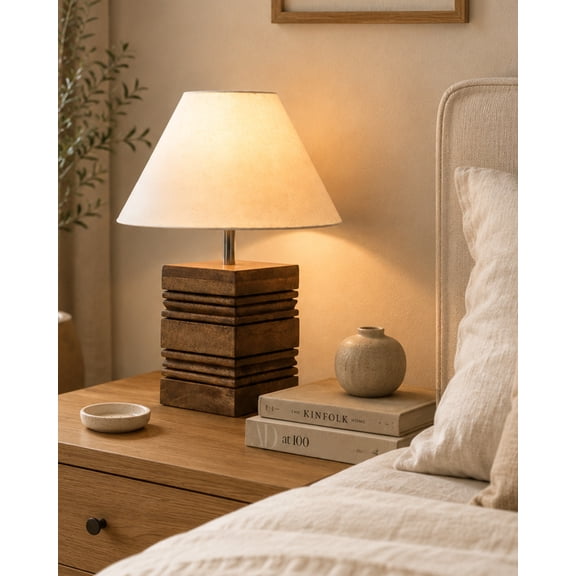 Wood Table Lamp, Modern Base Fabric Lampshade for Home Office Cafe Restaurant, Rib Cube, Khadi Cone