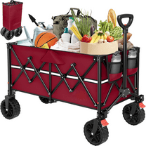 Collapsible Wagon Cart with Wheels Foldable - Folding Utility Heavy Duty Wagons Carts for Grocery Sports Garden Shopping Camping Wheelbarrows (Burgundy, 90L)