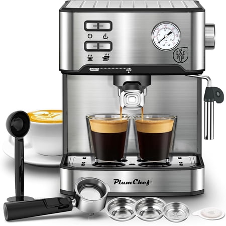 PlumChef Espresso Machine Household Coffee Espresso Maker with Milk Frother Steam Wand Pressure Gauge 54oz Water Tank Low Noise and Fast Coffee Machine for Cappuccino Latte
