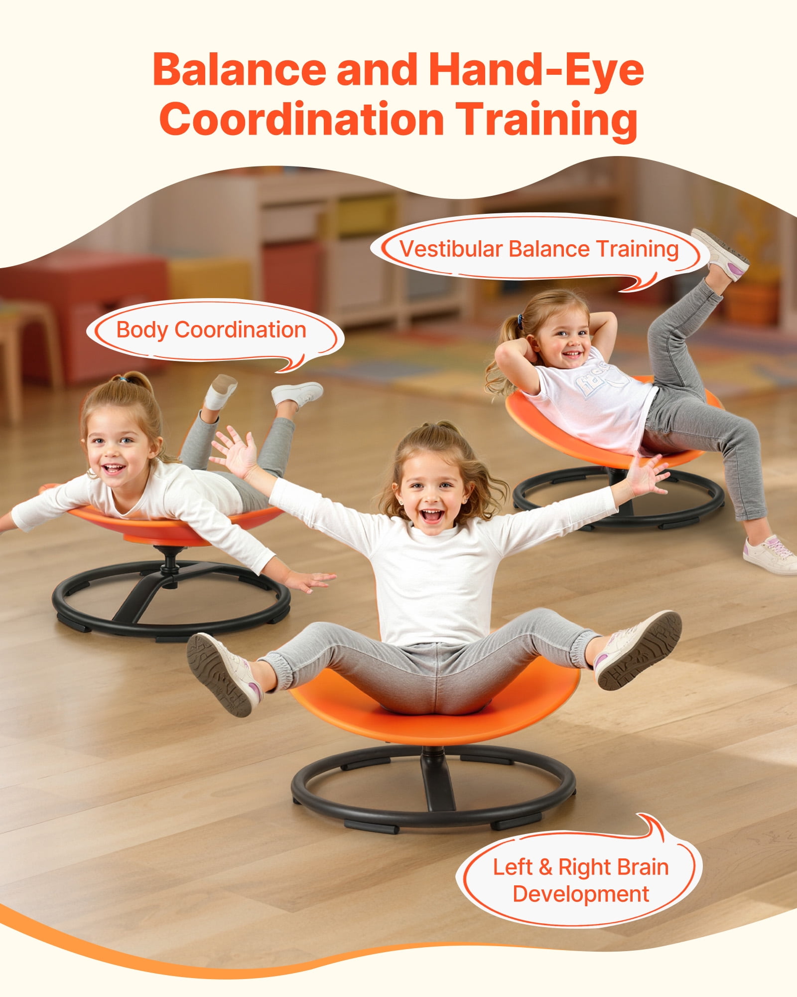 VEVOR Kids Swivel Chair, 220 lbs Capacity, Sensory Spinning Chair, Autistic Kids Sensory Toy Seat with Non-Slip Metal Base, Round Shape Toddler Sit & Spin Seat for Coordination Balance Focus, Orange