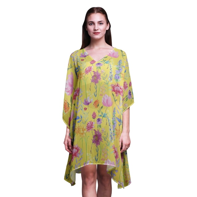 Bimba Caftan de Plage à Fleurs, Couvre-Maillot Bikini, Robe Midi pour Femmes, Caftan Court - 4X-5X