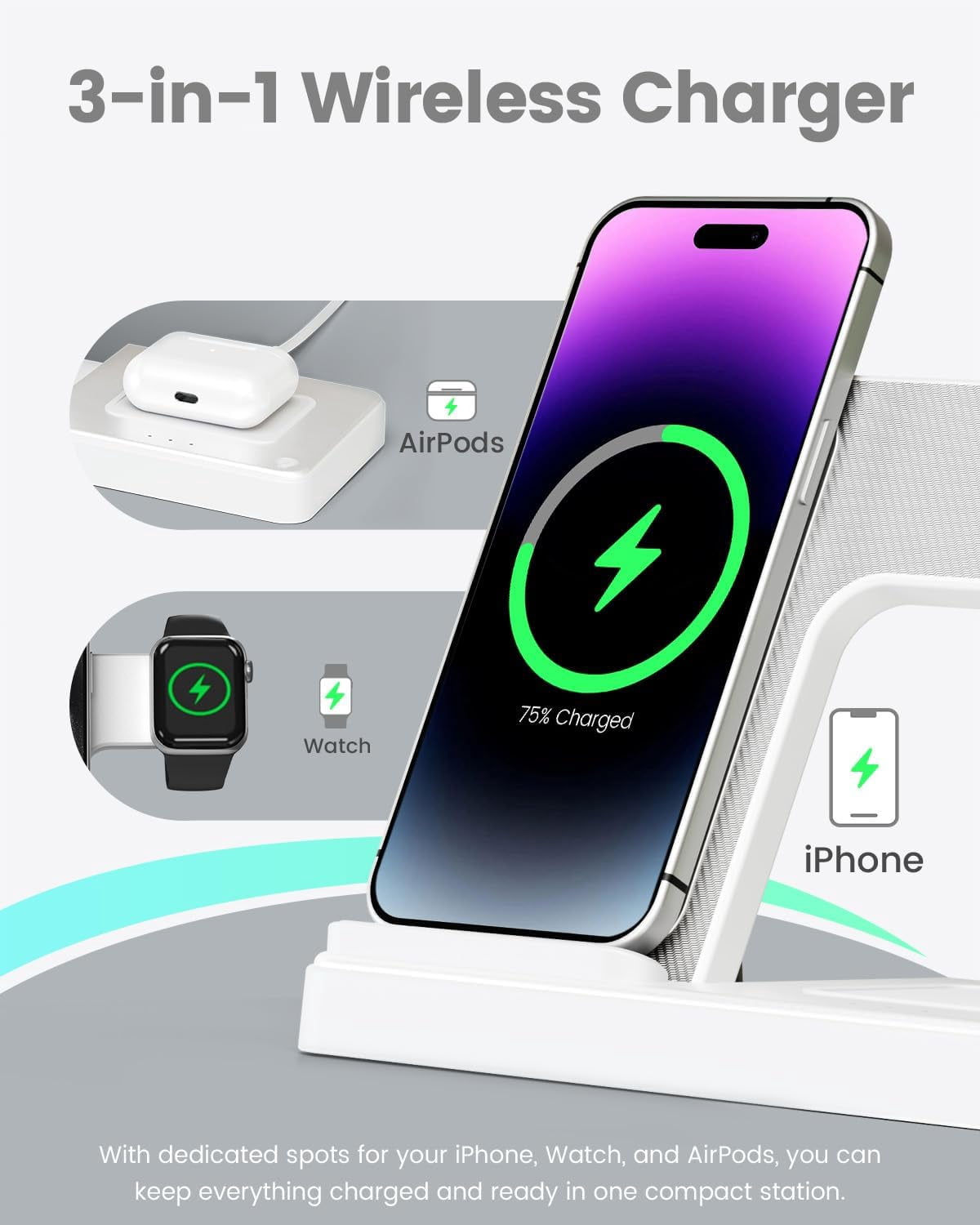 Wireless Charger iPhone Charging Station: 3 in 1 Charger Stand Multiple Devices for Apple - iPhone 16e 16 15 14 Pro Max 13 12 11 - Watch 10 9 8 7 6 5 4 3 2 SE and Ultra Series - Airpods 4 3 2 Pro