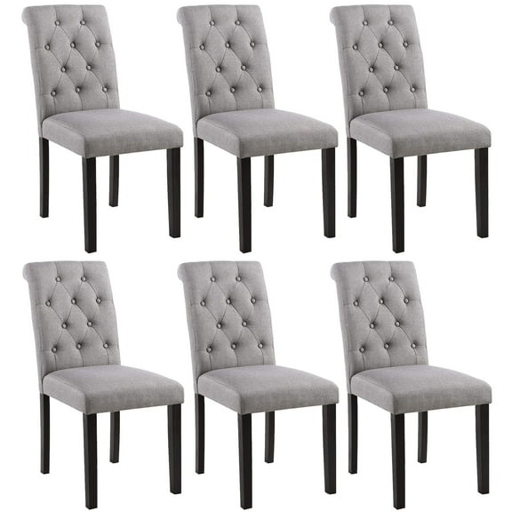 Homy Grigio Gray Fabric Mid Century Modern Upholstered Dining Chairs with Tufted Back and Black Solid Wood Legs sets of 6