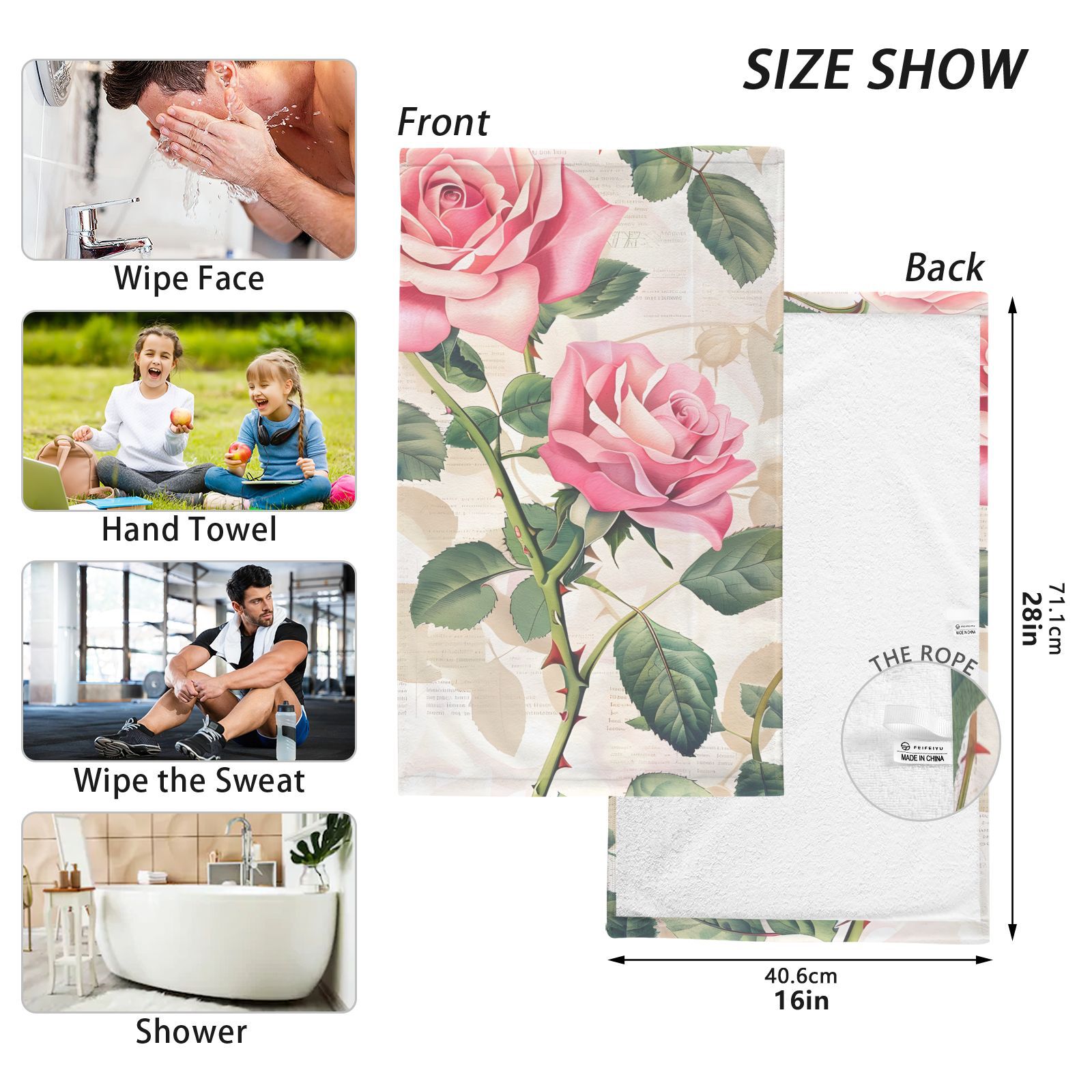 Pink Beautiful Rose Hand Towels Cotton Bath Towels Large Face Towels Absorbent for Bathroom 2 Packs
