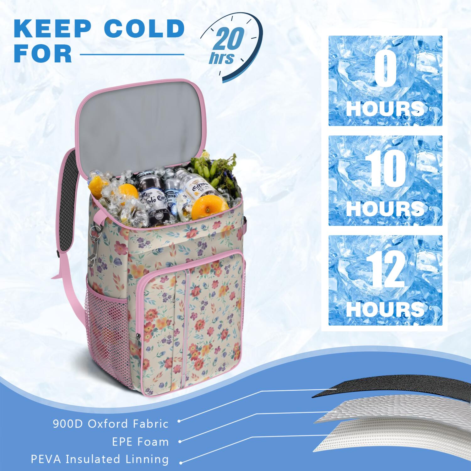 Travel Cooler Bag - Pioneer Flower Floral Print Pattern Camping Beer Cooler Backpack with Bottle Opener- Waterproof Insulated Picnic Backpacks - Cooler Bag for Beach