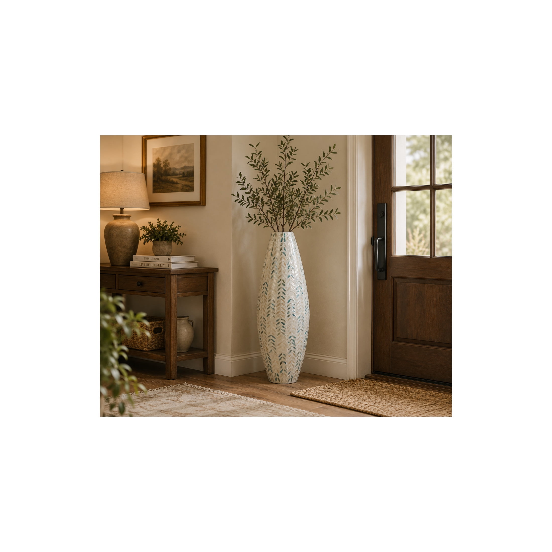 DecMode 33" Leaf Handmade Tall Mosaic Cream Mother of Pearl Shell Vase with Blue Accents