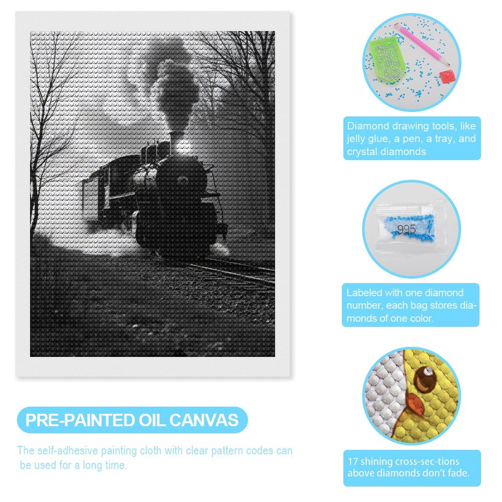 Diamond Art Kits for Adults, Train Black And White Forest 5D Diamond Painting Kits for Adults Beginners, DIY Full Drill Diamond Painting, Gem Art and Crafts 12x16