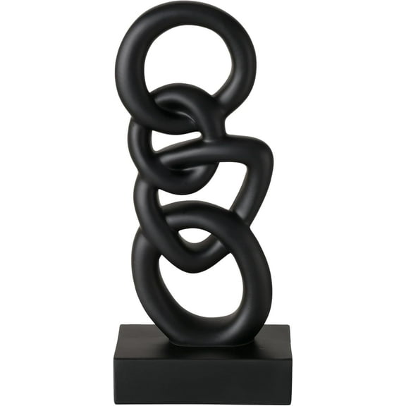 Abstract Linked Loops Art Sculpture, Black, Matte Finish, Free Standing, Mounted, Rectangular Gallery Base,  Hand Cast Resin, 15,75 Inches Tall