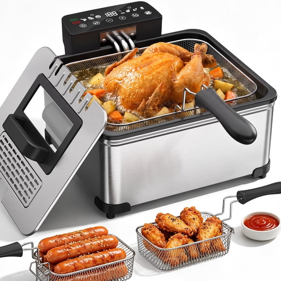 5.3QT Deep Fryer with Touch Screen,Stainless Steel Fryer with 3 Baskets for Home Use, 1700W, Deep Fryer with Oil Filtration, Temp Control, Digital Timer,6 Preset Menus