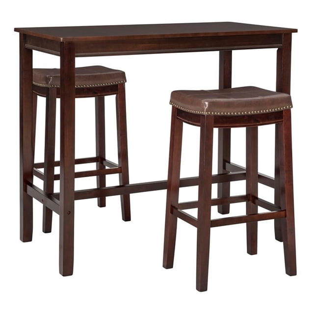 Pemberly Row Three Piece Bar Dining Set Faux Leather Seats in Brown Wood