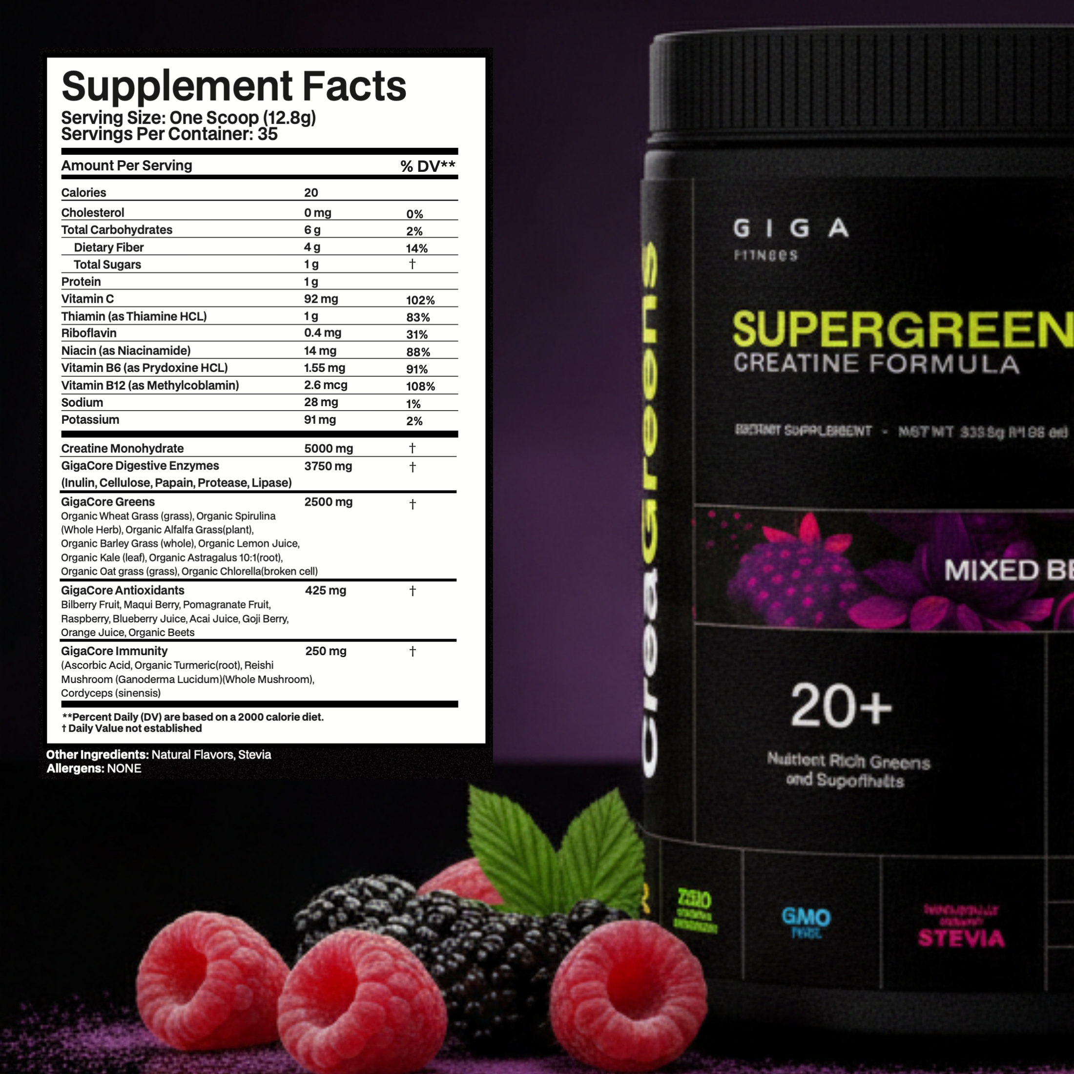 Giga Fitness CreaGreens, Creatine Monohydrate + Superfood Greens Powder, Mixed Berry, 35 Servings