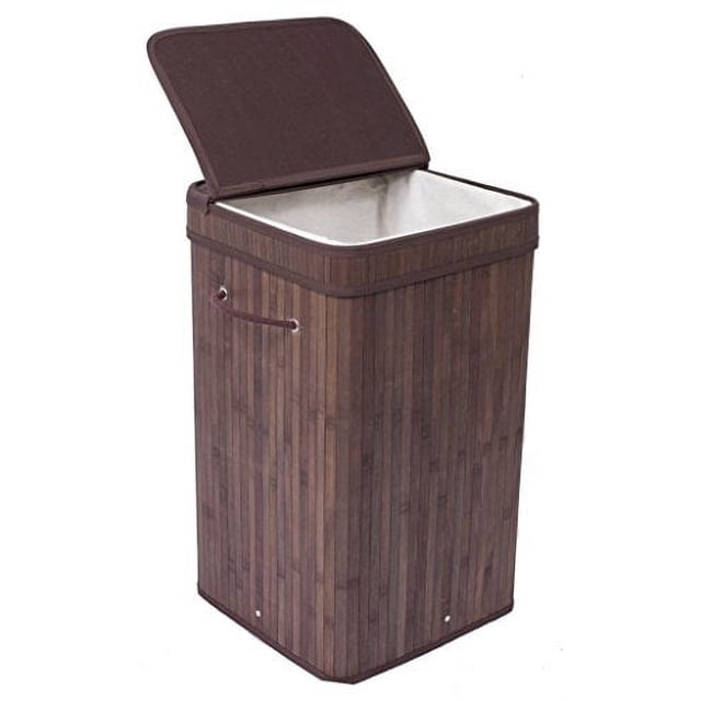 BIRDROCK HOME Square Laundry Hamper with Lid and Cloth Liner - Bamboo - Espresso - Easily Transport Laundry Basket - Collapsible Hamper - String Handles