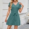 thumbnail image 4 of Styesk Robes pour Femmes Femme Mode Confortable Été Couleur Unie Bouton Lien Manches Courtes Robe à Col en V, 4 of 7