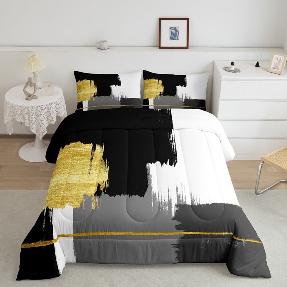 Erosebridal Gold Graffiti Lines Bedding King Comforter Set,Geometric Geometry Down Comforter,Modern Abstract Art Bedding Sets King with Comforter,Ultra Soft Room Decor Reversible,3 Pieces