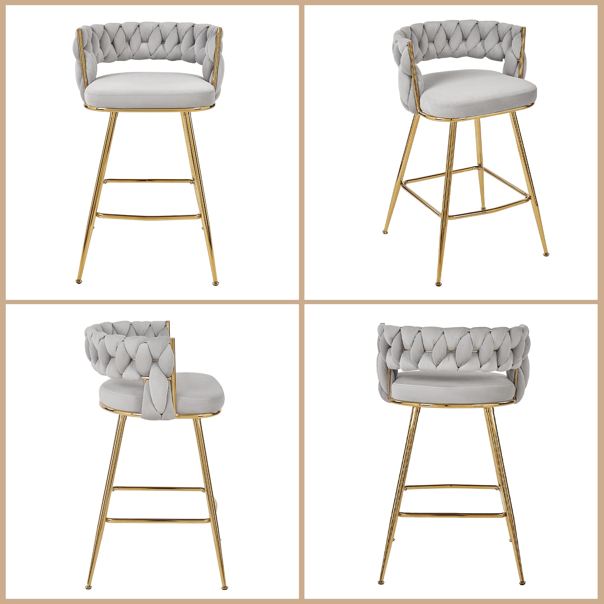 VECELO Modern Braided Bar Stools Set of 4 – Velvet Counter Height Stools with Woven Back Support & Footrest, Heavy-Duty Metal Frame Bar Chairs for Kitchen Island,Grey