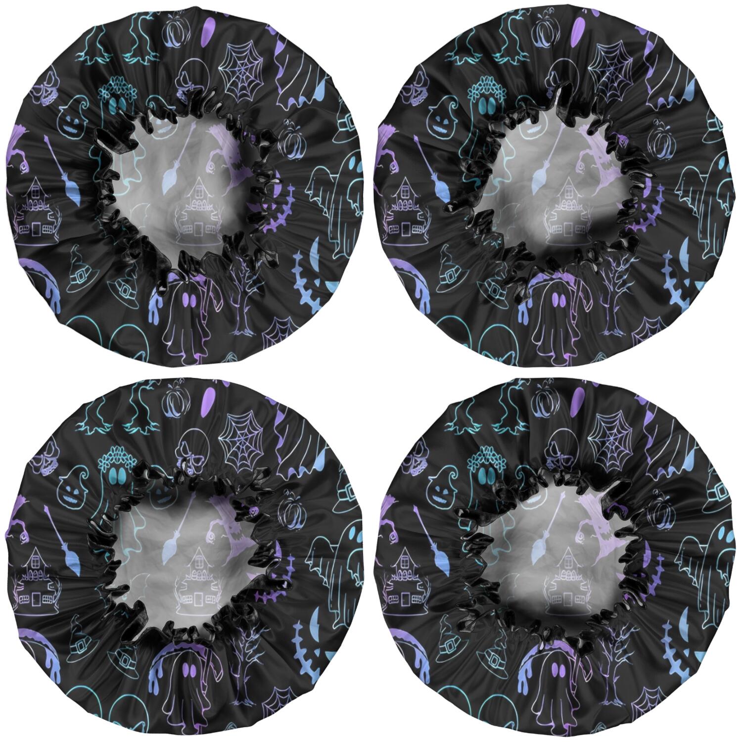 Shower Caps,Black Halloween Ghost Spider Pattern Waterproof Shower Cap for Women 4 Pieces,Double Reusable Hair Cover for Shower PEVA Elastic Stretch Hem